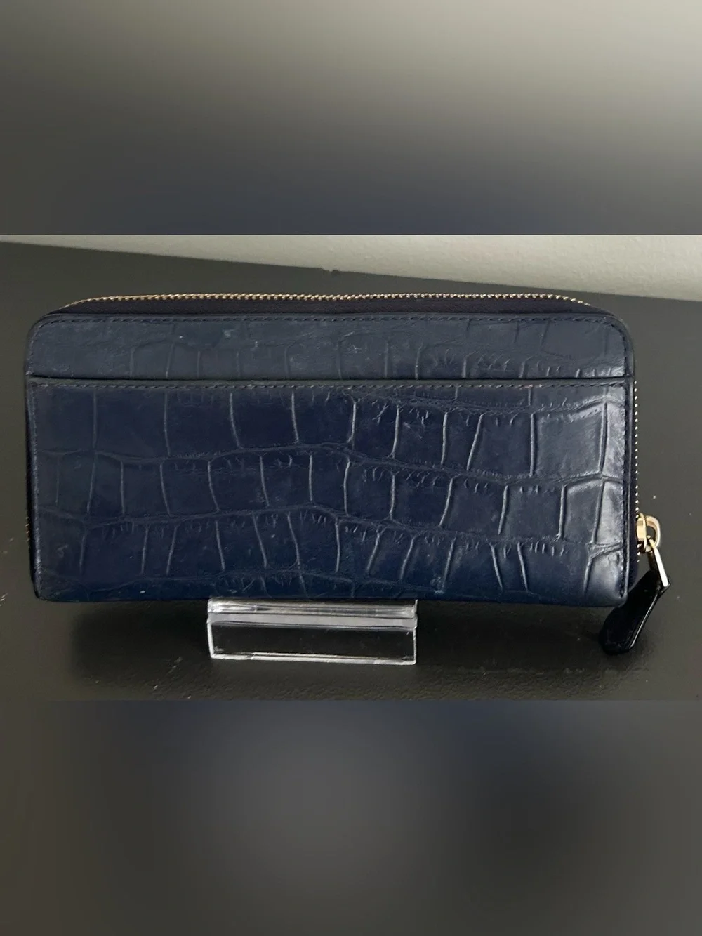 Coach Navy Croc Embossed Leather Zip Around Continental Wallet